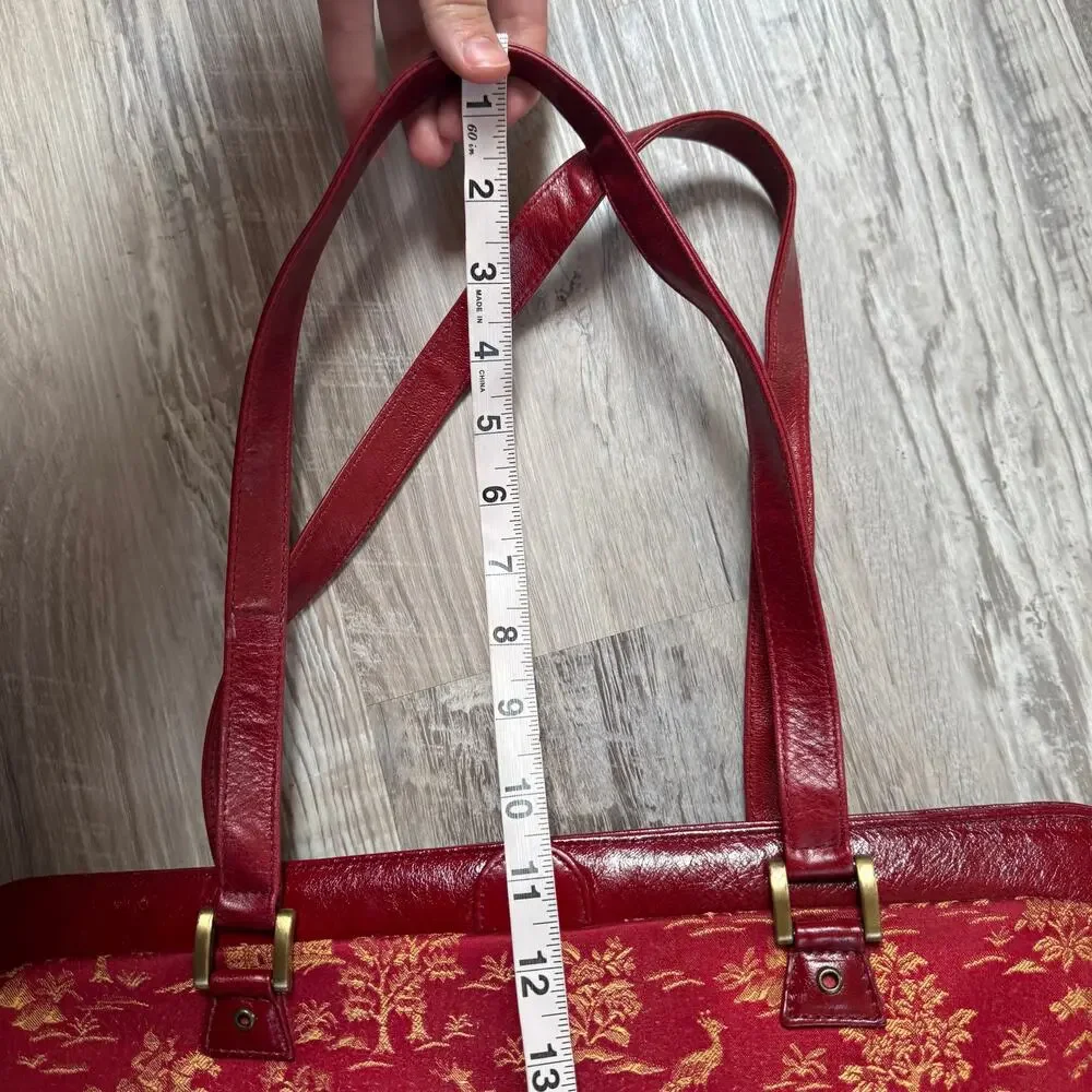 Vintage Paint the Lily Red Leather Tapestry Shoulder Bag Toile